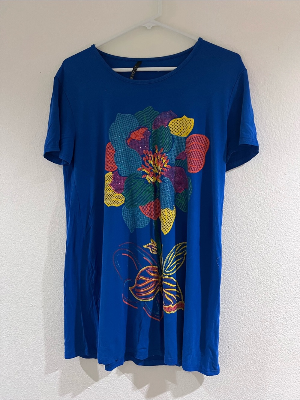 Women’s Blue Floral Short Sleeve Tee Dress Top